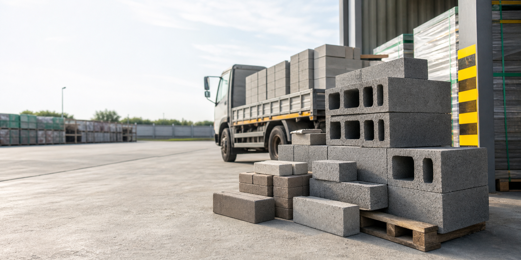 Concrete blocks and bricks in a construction materials yard
